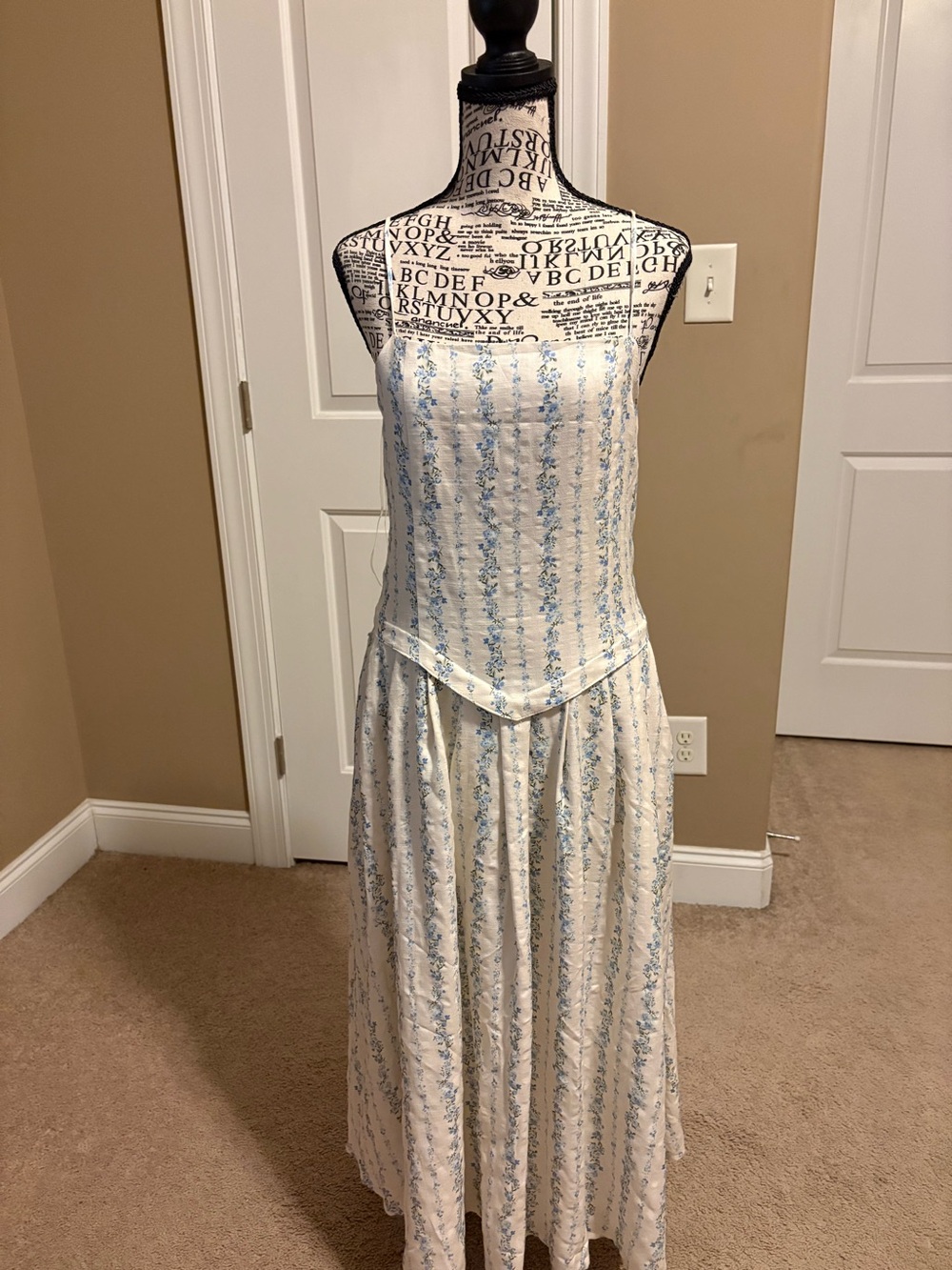 Women's White and Light Blue Floral Strapless Maxi Dress with pockets
